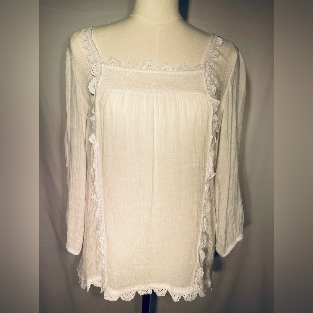 Bunulu Womens Medium White Crochet Croquette Cottagecore Peasant Boho Sheer top